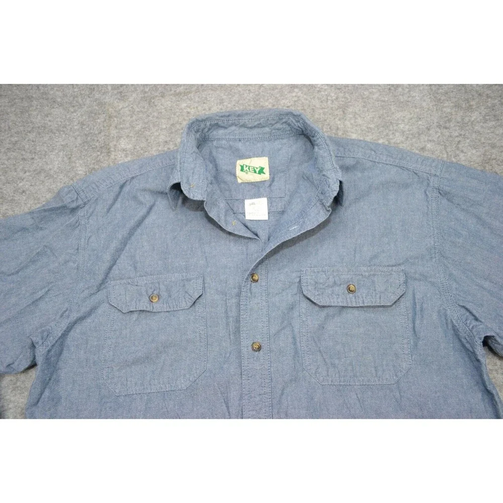 Vintage KEY Blue Denim Pearl‎ Snap Button Front Western Shirt Size XL Regular